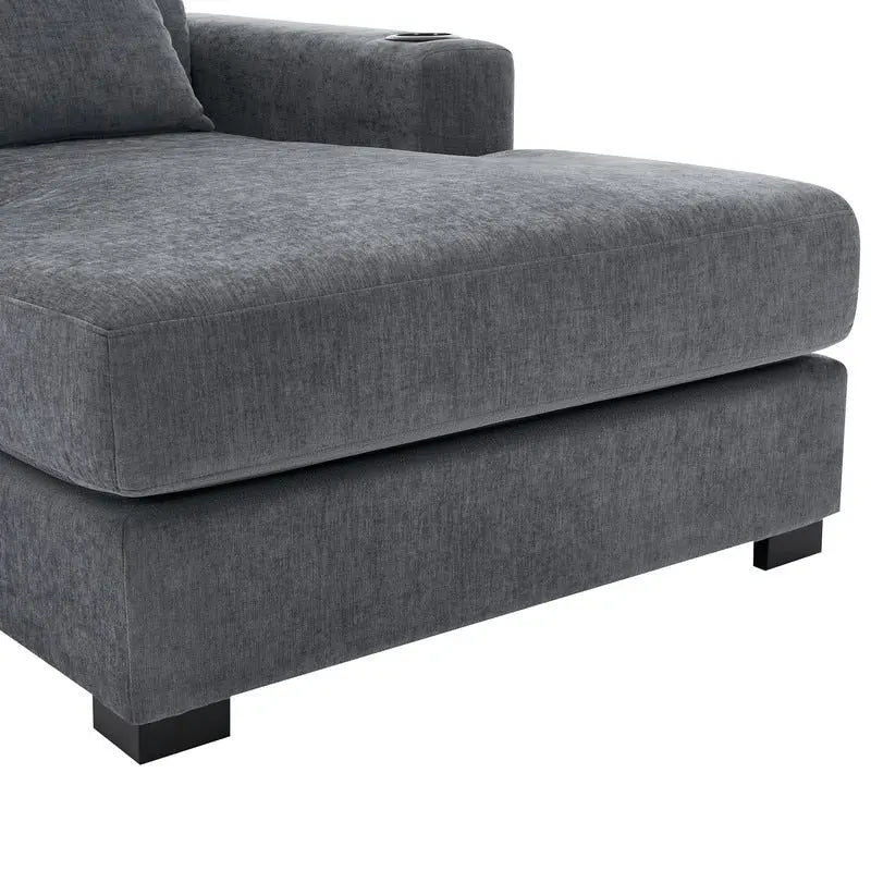 Chenille Fabric Oversized Chaise Lounger, 39.7/43.5/55 Chair Bed Sofa Couch with Pillows, Charge Station & Cup Holders