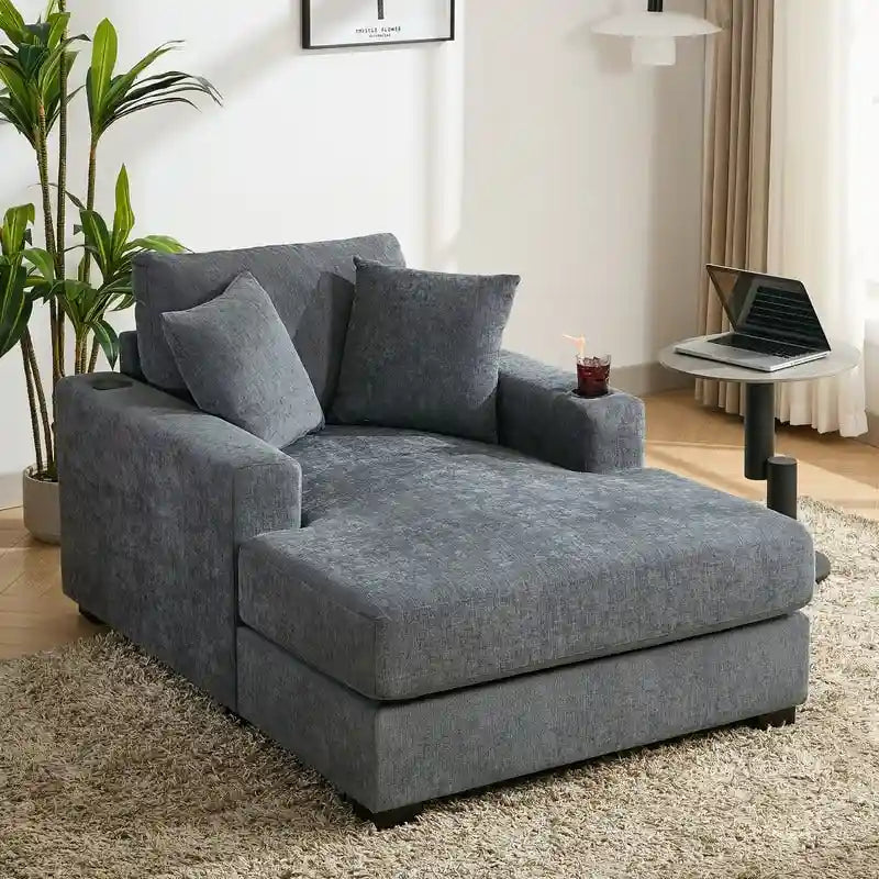 Chenille Fabric Oversized Chaise Lounger, 39.7/43.5/55 Chair Bed Sofa Couch with Pillows, Charge Station & Cup Holders