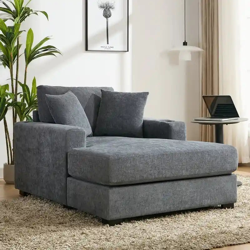 Chenille Fabric Oversized Chaise Lounger, 39.7/43.5/55 Chair Bed Sofa Couch with Pillows, Charge Station & Cup Holders