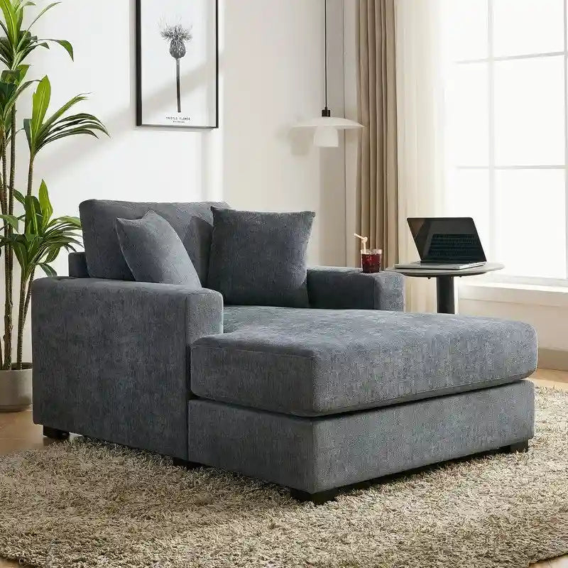Chenille Fabric Oversized Chaise Lounger, 39.7/43.5/55 Chair Bed Sofa Couch with Pillows, Charge Station & Cup Holders