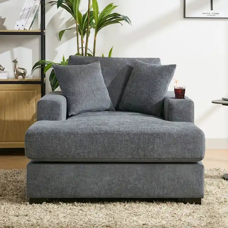 Chenille Fabric Oversized Chaise Lounger, 39.7/43.5/55 Chair Bed Sofa Couch with Pillows, Charge Station & Cup Holders