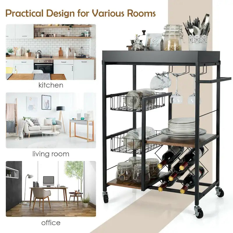Gymax 4-Tier Kitchen Bar Cart Rolling Serving Trolley Wine Rack - See Details