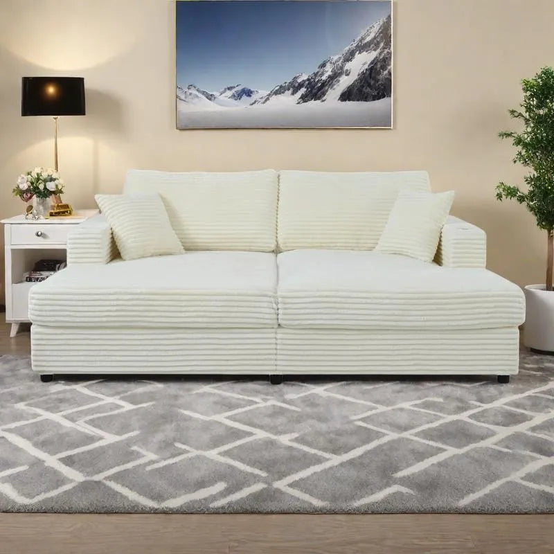86.5 Corduroy Chaise Lounge Sofa Bed with USB Ports, Cup Holders and 8 Thick Cushions