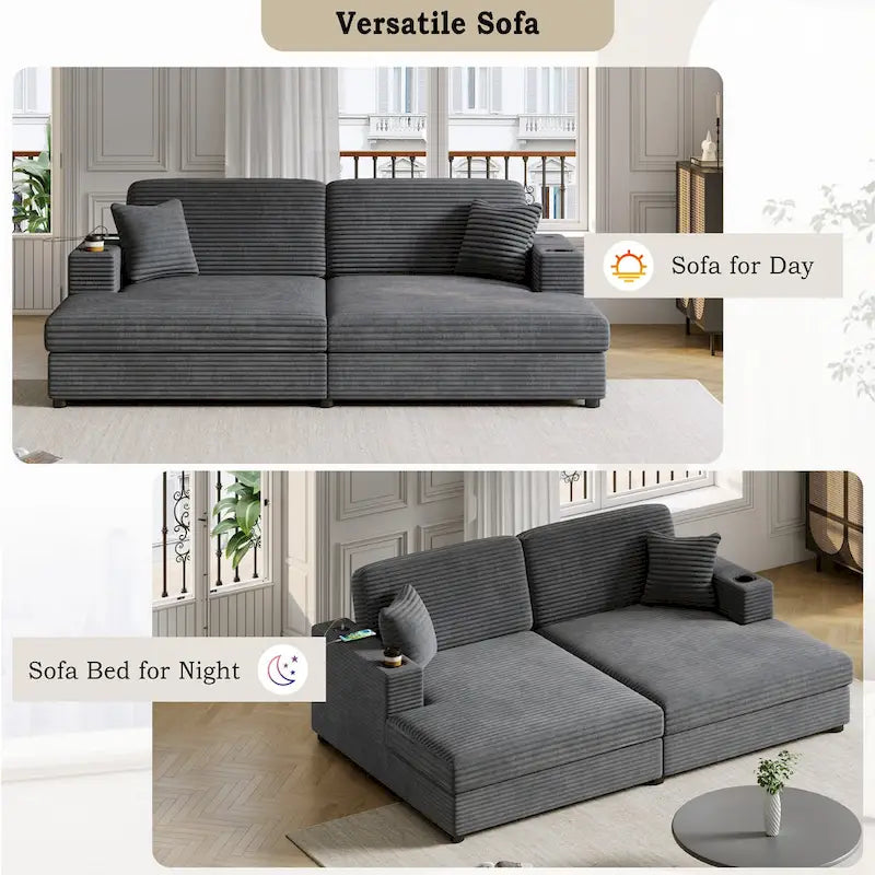 86.5 Corduroy Chaise Lounge Sofa Bed with USB Ports, Cup Holders and 8 Thick Cushions