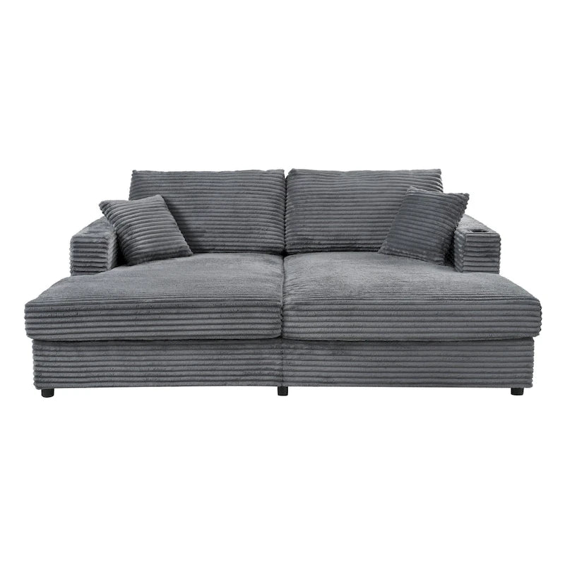 86.5 Corduroy Chaise Lounge Sofa Bed with USB Ports, Cup Holders and 8 Thick Cushions
