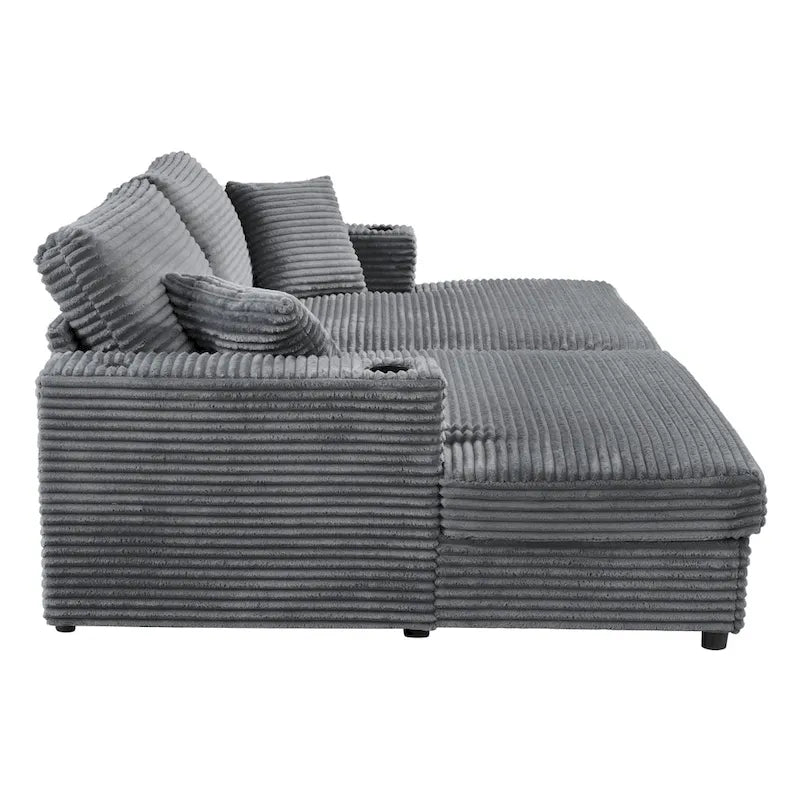 86.5 Corduroy Chaise Lounge Sofa Bed with USB Ports, Cup Holders and 8 Thick Cushions
