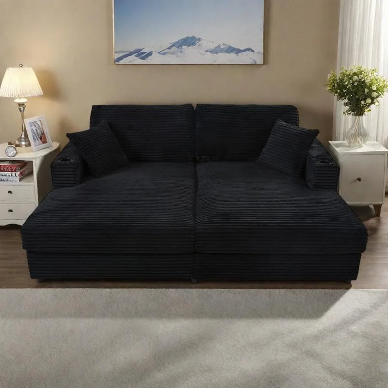 86.5 Corduroy Chaise Lounge Sofa Bed with USB Ports, Cup Holders and 8 Thick Cushions