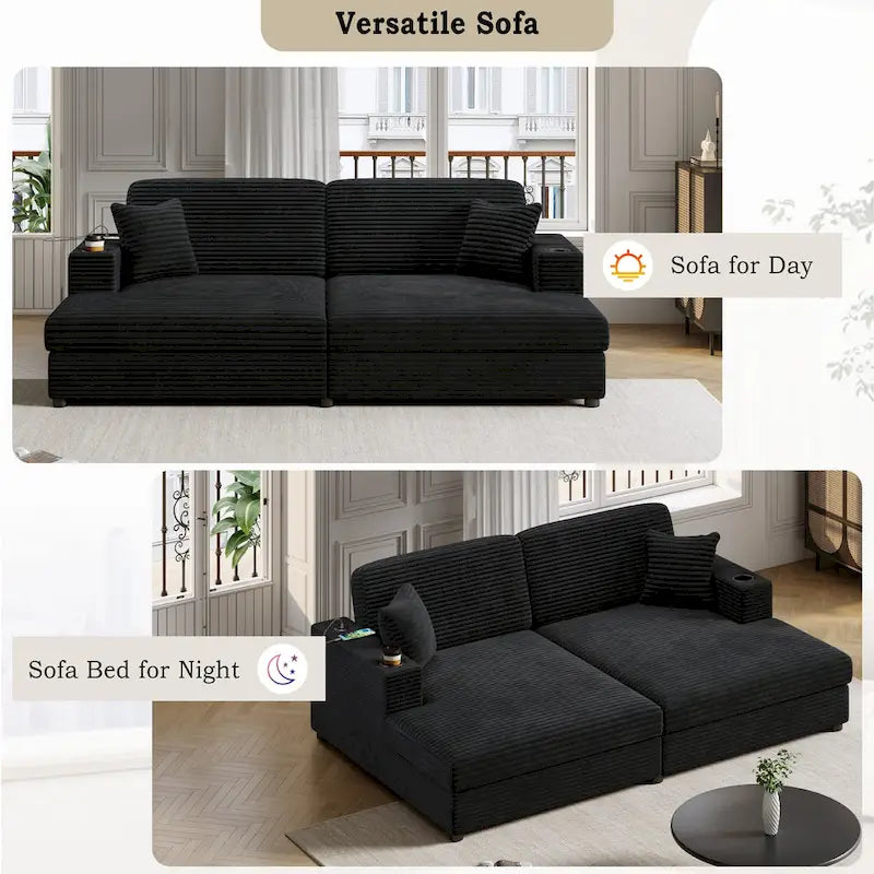 86.5 Corduroy Chaise Lounge Sofa Bed with USB Ports, Cup Holders and 8 Thick Cushions