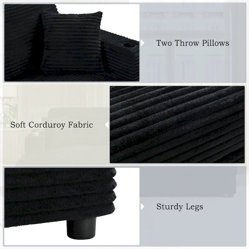 86.5 Corduroy Chaise Lounge Sofa Bed with USB Ports, Cup Holders and 8 Thick Cushions