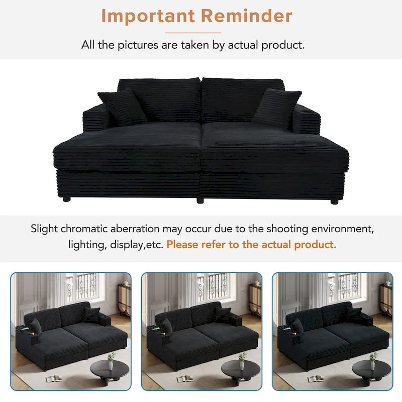 86.5 Corduroy Chaise Lounge Sofa Bed with USB Ports, Cup Holders and 8 Thick Cushions