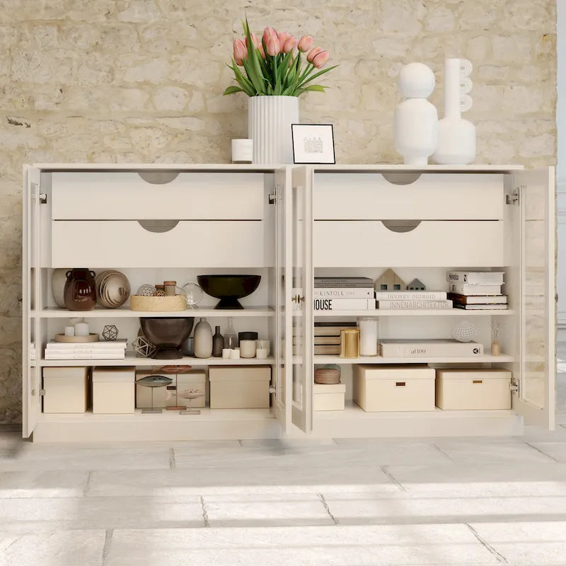 Palace Imports 100% Solid Wood 64 Sideboard with Clear Glass Doors, 4-Drawers and Adjustable Shelves