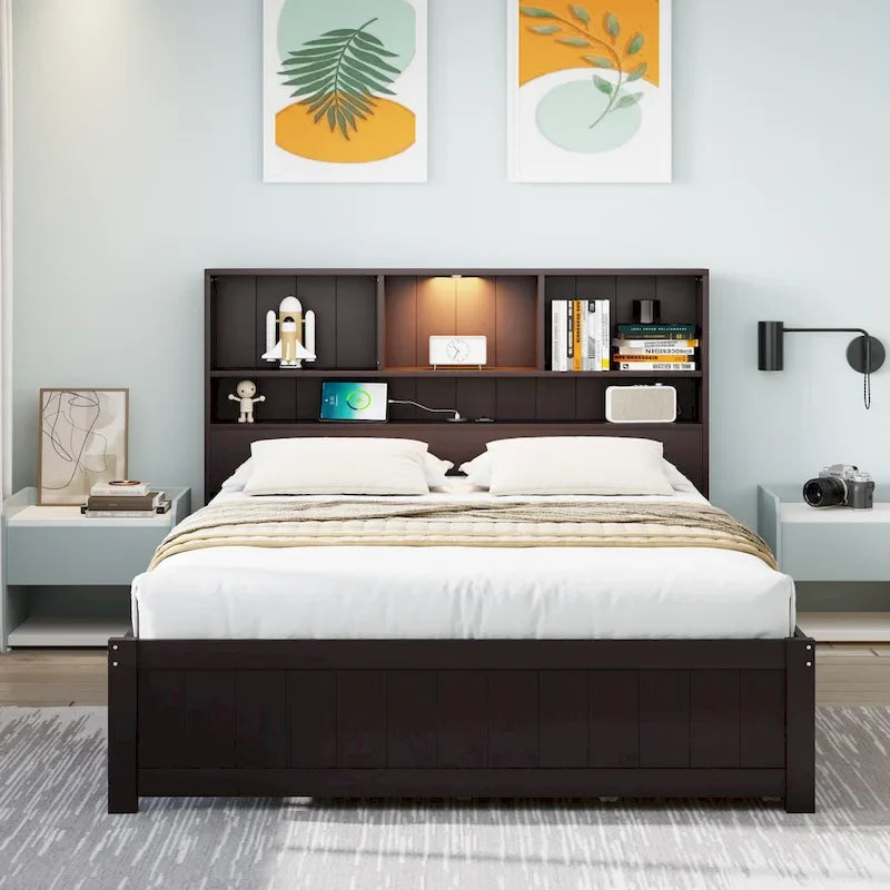 Wood Platform Bed with Bookcase Headboard, Built-in Downlight, Charging Station & 2 Side Drawers