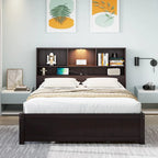Wood Platform Bed with Bookcase Headboard, Built-in Downlight, Charging Station & 2 Side Drawers