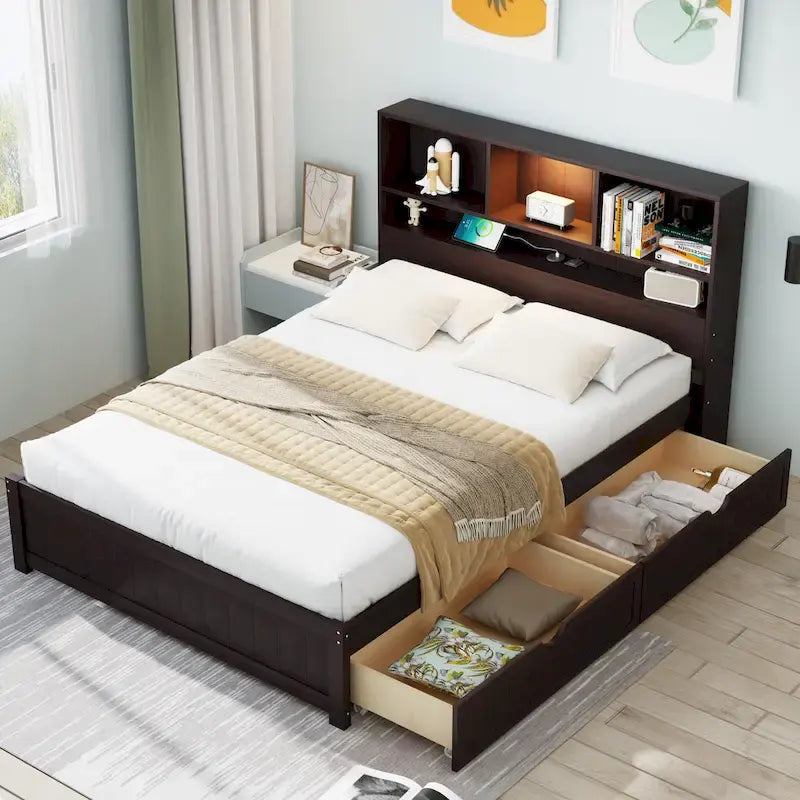 Wood Platform Bed with Bookcase Headboard, Built-in Downlight, Charging Station & 2 Side Drawers