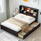 Wood Platform Bed with Bookcase Headboard, Built-in Downlight, Charging Station & 2 Side Drawers