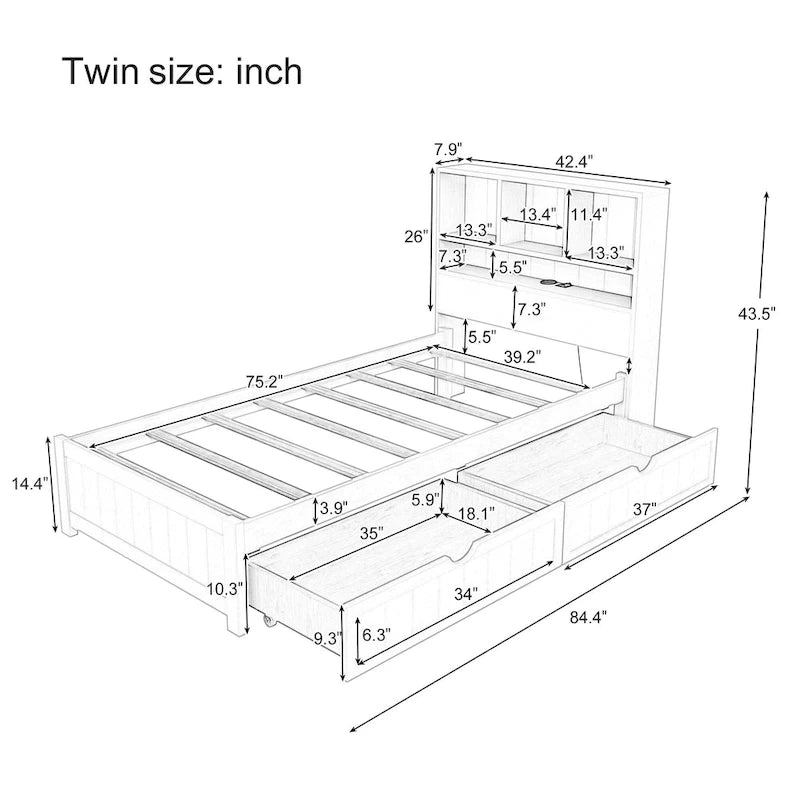 Wood Platform Bed with Bookcase Headboard, Built-in Downlight, Charging Station & 2 Side Drawers