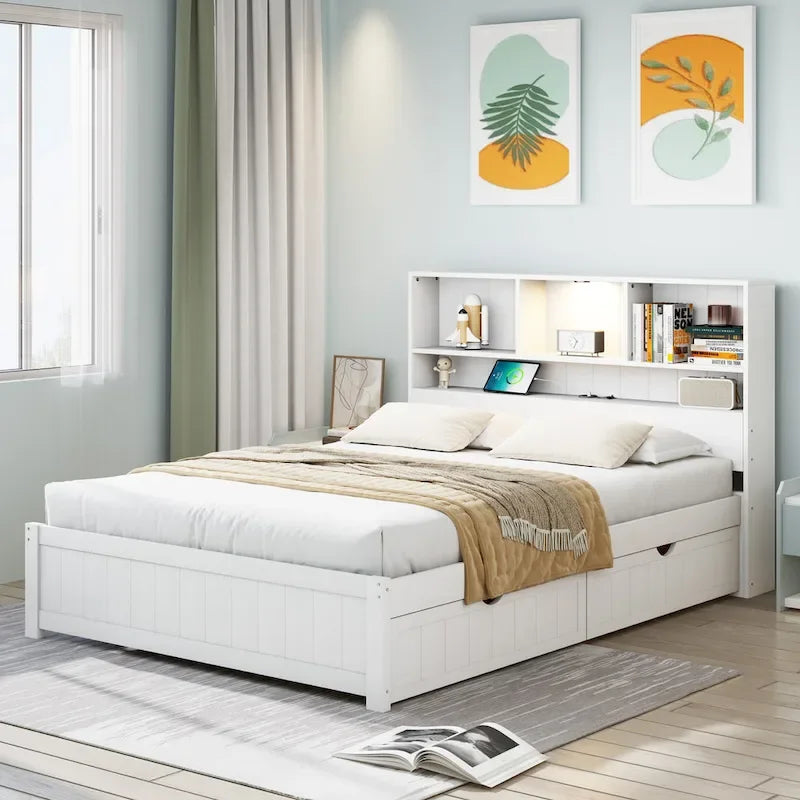 Wood Platform Bed with Bookcase Headboard, Built-in Downlight, Charging Station & 2 Side Drawers