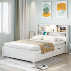 Wood Platform Bed with Bookcase Headboard, Built-in Downlight, Charging Station & 2 Side Drawers