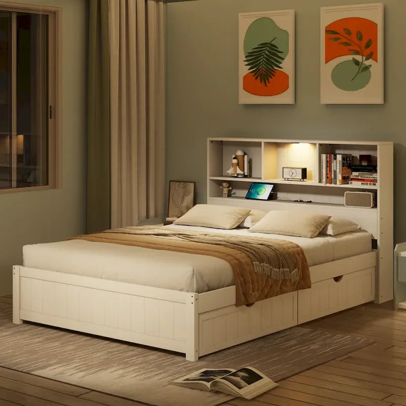 Wood Platform Bed with Bookcase Headboard, Built-in Downlight, Charging Station & 2 Side Drawers