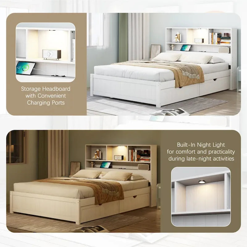 Wood Platform Bed with Bookcase Headboard, Built-in Downlight, Charging Station & 2 Side Drawers