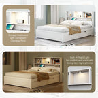 Wood Platform Bed with Bookcase Headboard, Built-in Downlight, Charging Station & 2 Side Drawers