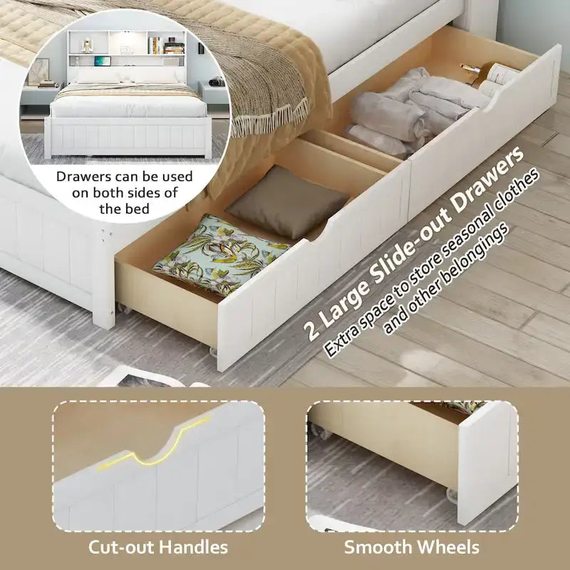 Wood Platform Bed with Bookcase Headboard, Built-in Downlight, Charging Station & 2 Side Drawers