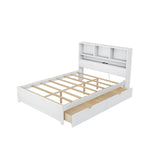 Wood Platform Bed with Bookcase Headboard, Built-in Downlight, Charging Station & 2 Side Drawers