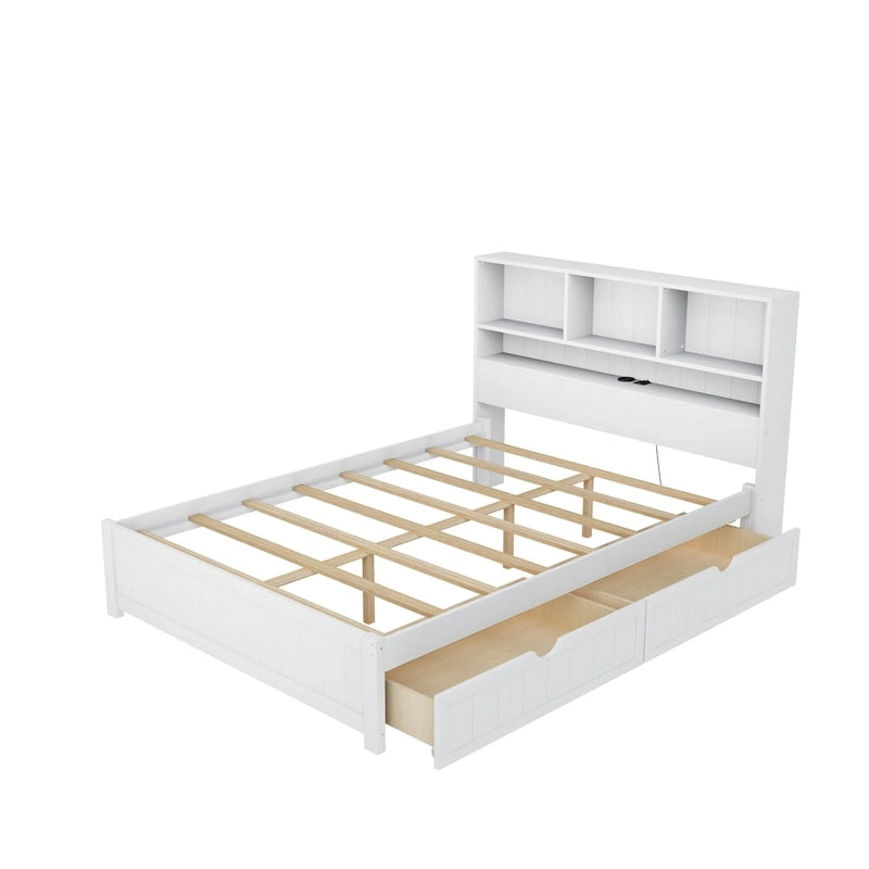 Wood Platform Bed with Bookcase Headboard, Built-in Downlight, Charging Station & 2 Side Drawers