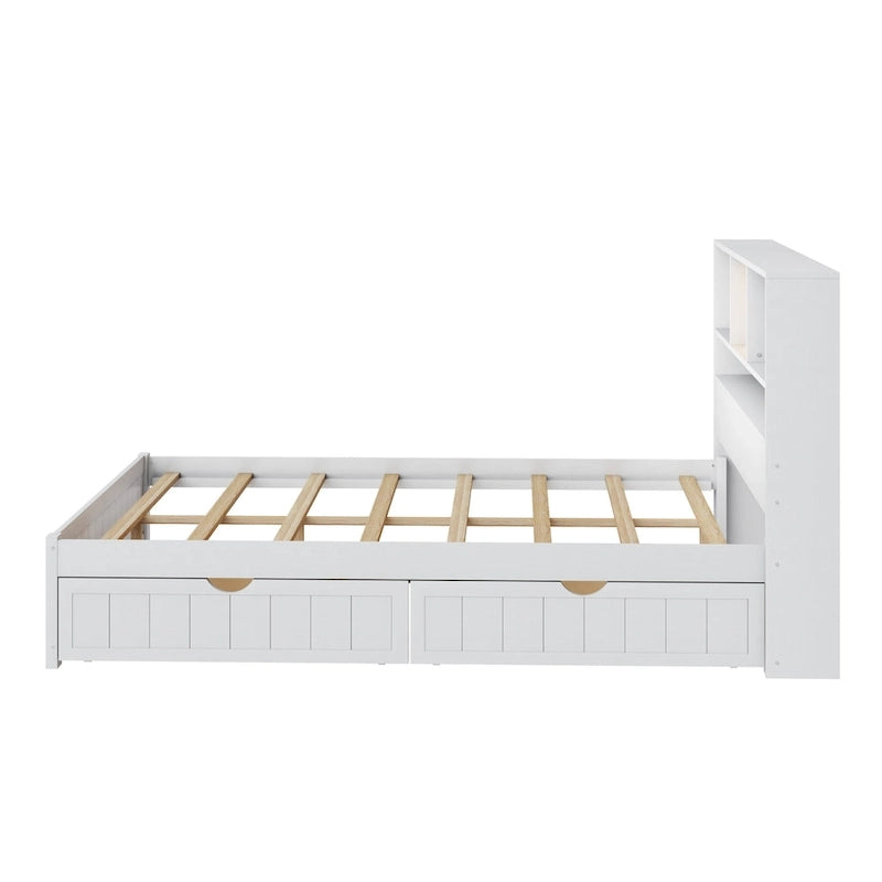 Wood Platform Bed with Bookcase Headboard, Built-in Downlight, Charging Station & 2 Side Drawers