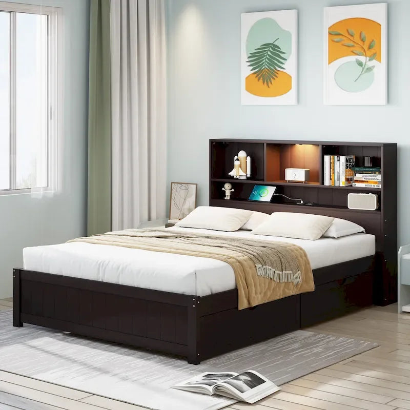 Wood Platform Bed with Bookcase Headboard, Built-in Downlight, Charging Station & 2 Side Drawers