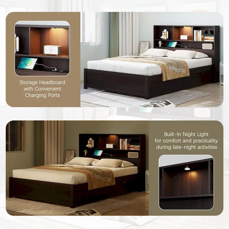Wood Platform Bed with Bookcase Headboard, Built-in Downlight, Charging Station & 2 Side Drawers