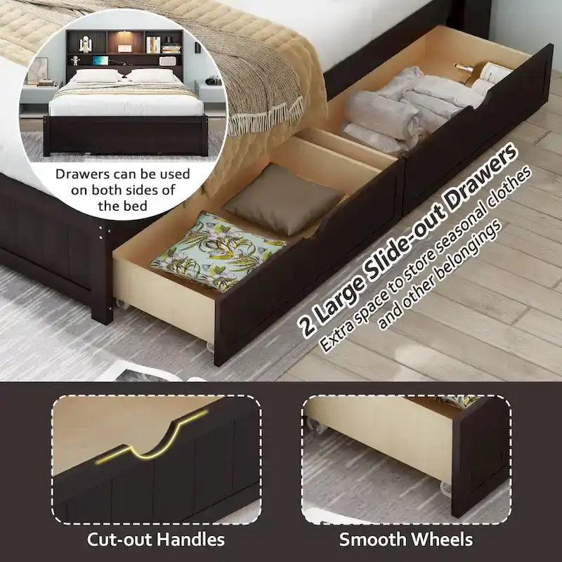Wood Platform Bed with Bookcase Headboard, Built-in Downlight, Charging Station & 2 Side Drawers
