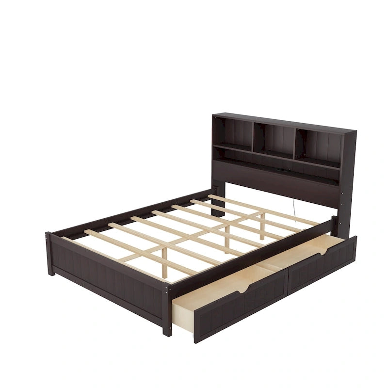 Wood Platform Bed with Bookcase Headboard, Built-in Downlight, Charging Station & 2 Side Drawers