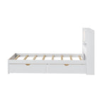 Wood Platform Bed with Bookcase Headboard, Built-in Downlight, Charging Station & 2 Side Drawers