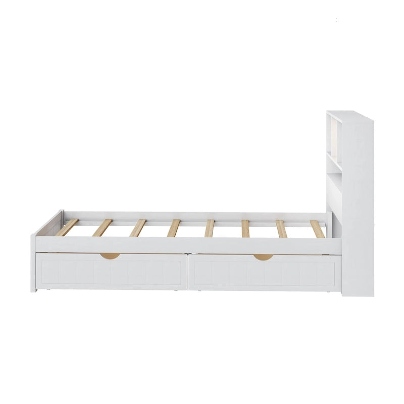 Wood Platform Bed with Bookcase Headboard, Built-in Downlight, Charging Station & 2 Side Drawers