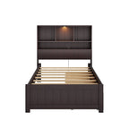 Wood Platform Bed with Bookcase Headboard, Built-in Downlight, Charging Station & 2 Side Drawers