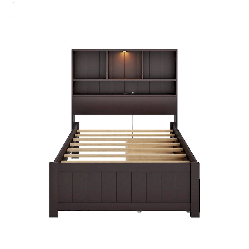 Wood Platform Bed with Bookcase Headboard, Built-in Downlight, Charging Station & 2 Side Drawers