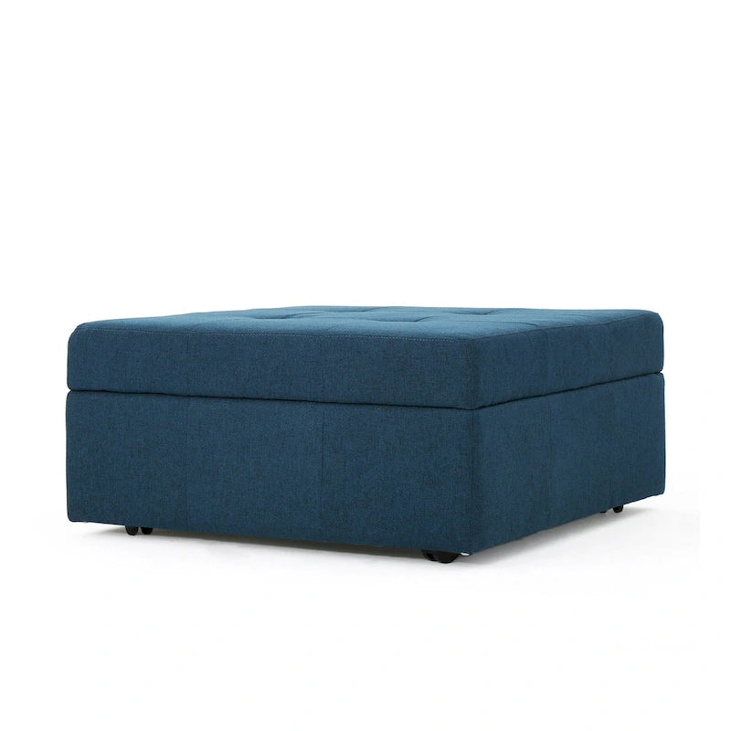 Low Accent Ottoman with Storage, 31 Inch Square, Tufted Navy Blue