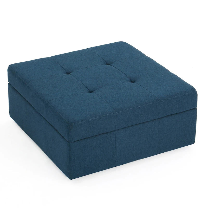 Low Accent Ottoman with Storage, 31 Inch Square, Tufted Navy Blue