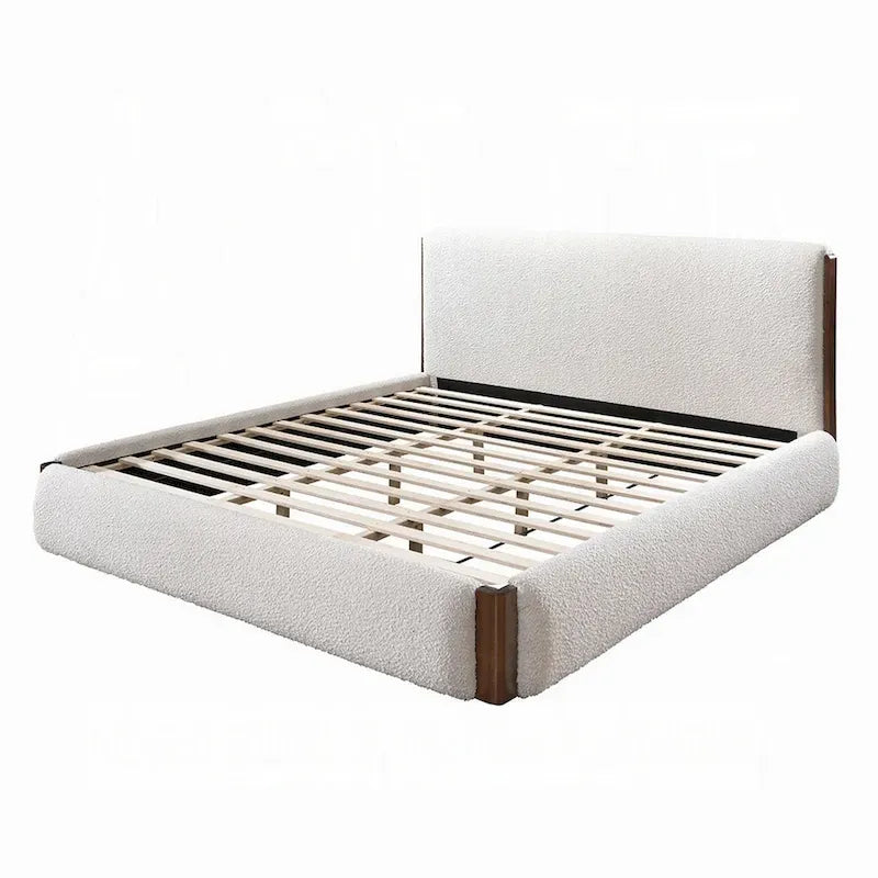 Fedro King Bed, Low Profile, White Boucle Upholstery, Walnut Brown