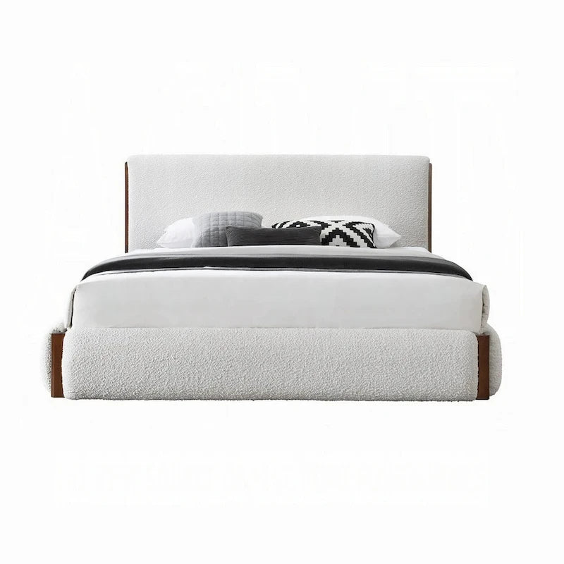 Fedro King Bed, Low Profile, White Boucle Upholstery, Walnut Brown