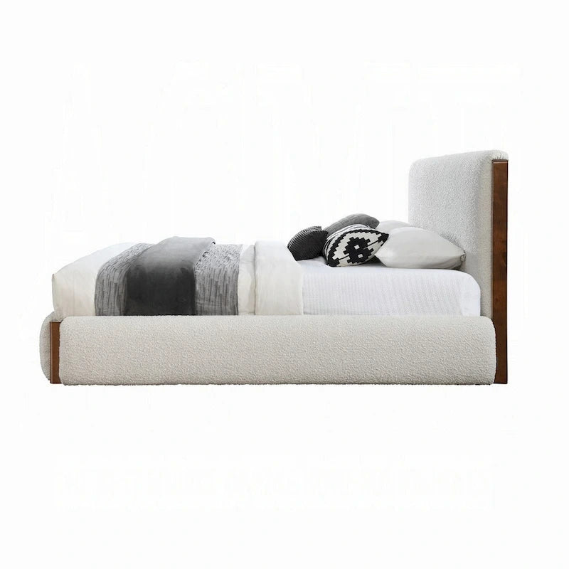 Fedro King Bed, Low Profile, White Boucle Upholstery, Walnut Brown