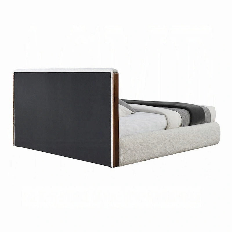 Fedro King Bed, Low Profile, White Boucle Upholstery, Walnut Brown