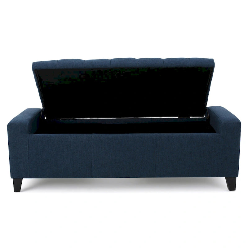 Storage Ottoman Bench, 51 Inch, Deep Button Tufted Dark Blue Fabric
