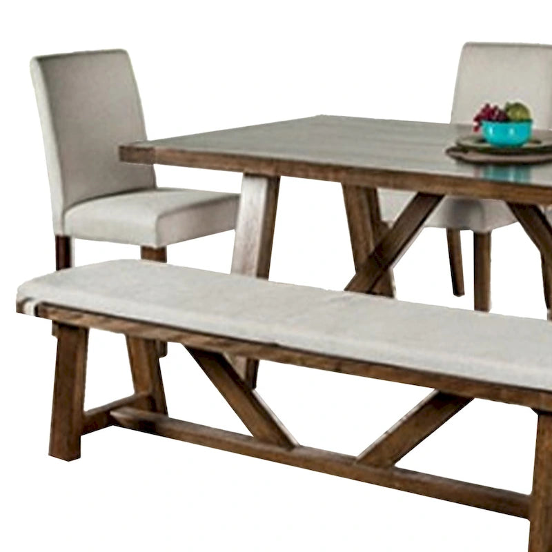 Jule 7pc Dining Set, Brown Rectangular Table, Chairs, Bench w White Seat