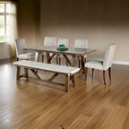 Jule 7pc Dining Set, Brown Rectangular Table, Chairs, Bench w White Seat