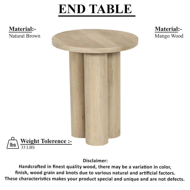 Hazel Side Table with 3 Pillar Legs, Handcrafted Natural Brown Mango Wood, 17.7 Inch Round Top