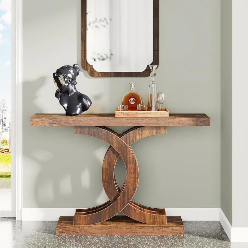 Farmhouse Wood Console Tables with Geometric Base for Entryway