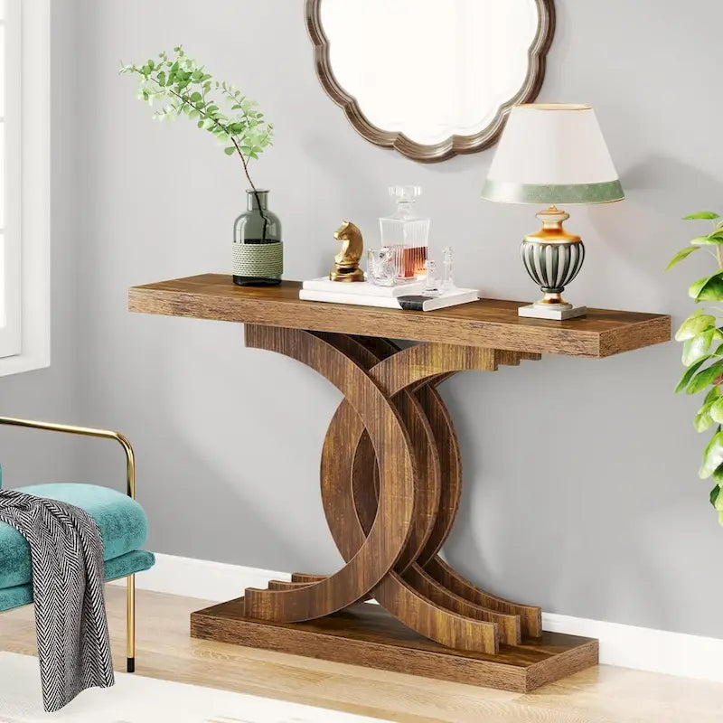 Farmhouse Wood Console Tables with Geometric Base for Entryway