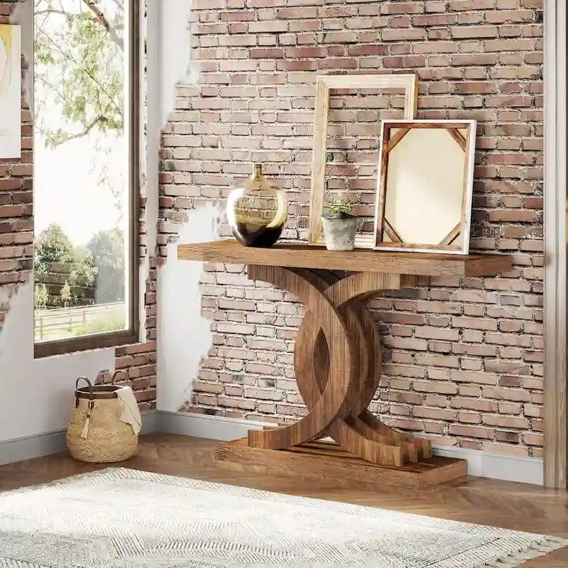 Farmhouse Wood Console Tables with Geometric Base for Entryway